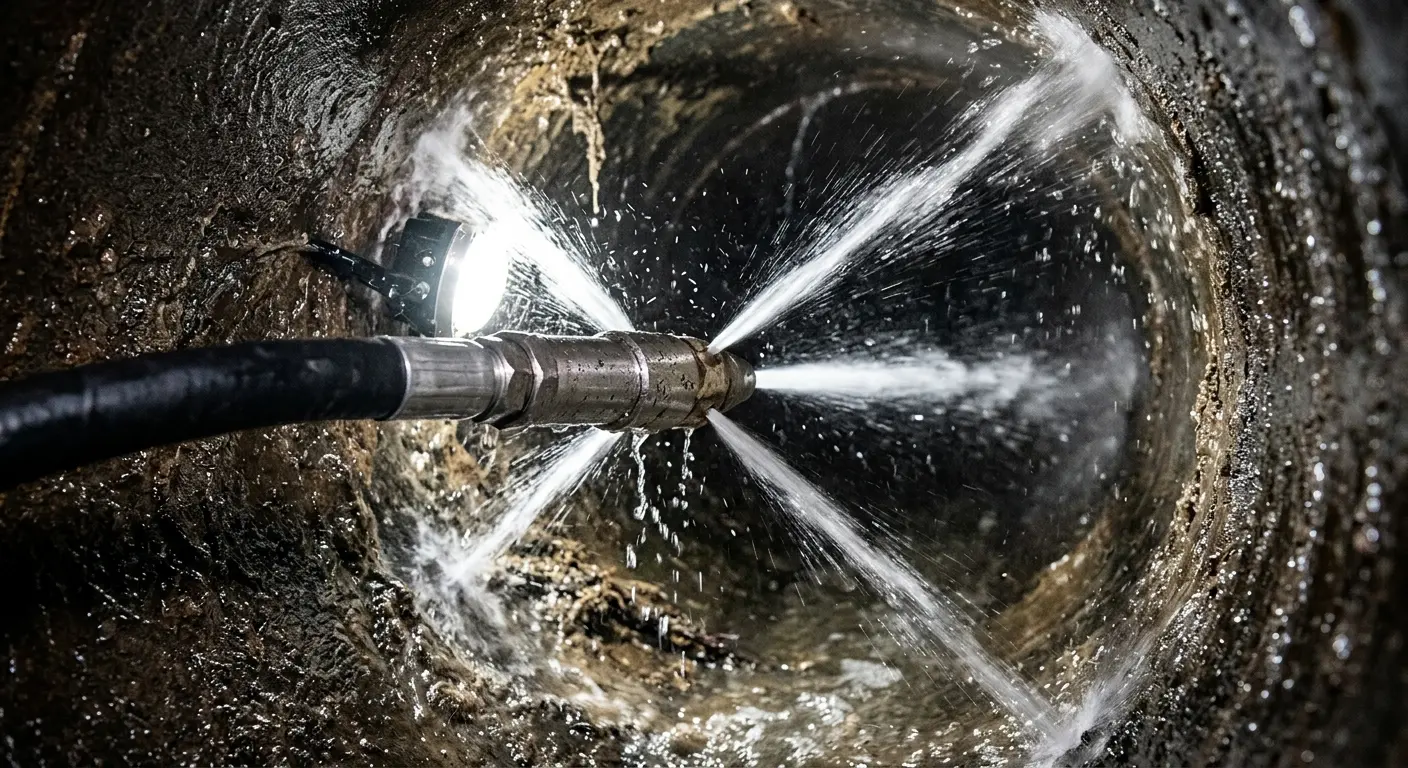 High-pressure hydro jetting nozzle cleaning sewer pipe for Emergency Drain Service in Rothschild